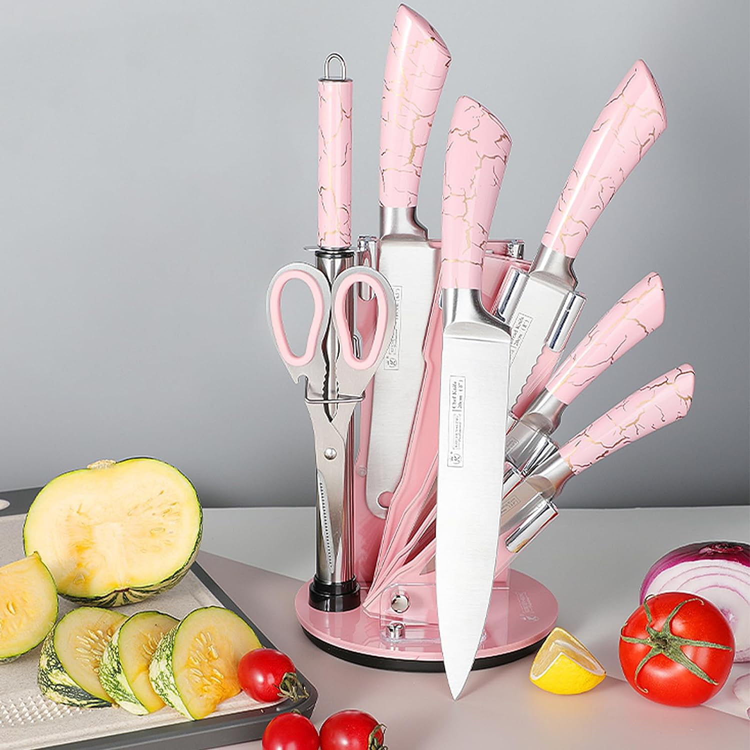 Kitchen Knife Set,8-Pieces Pink Ultra Sharp Cooking Knife Set with Acrylic  Stand, PP Handle Non-stick Chef Knives with Gift Box for Girls Women (Pink)