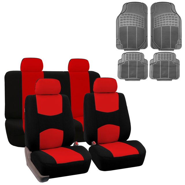 FH Group Housse de Siège de Banc en Tissu Uni, Ensemble Complet avec Tapis de Sol Gris Robuste, Rouge Noir