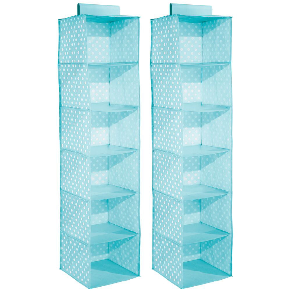 Polka Dot Print 2 Pack mDesign Soft Fabric Over Closet Rod Hanging Storage Organizer with 10 Shelves for Child/Kids Room or Nursery Turquoise Blue with White Dots 