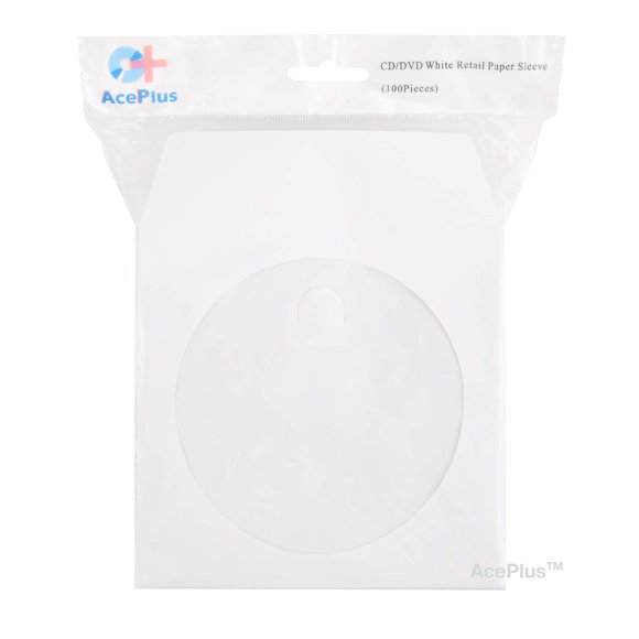 AcePlus 100 Premium White Paper Sleeves 100g Weight for CD/DVDs - Envelopes with Clear Window and Flap with Close Tab in Retail Packaging