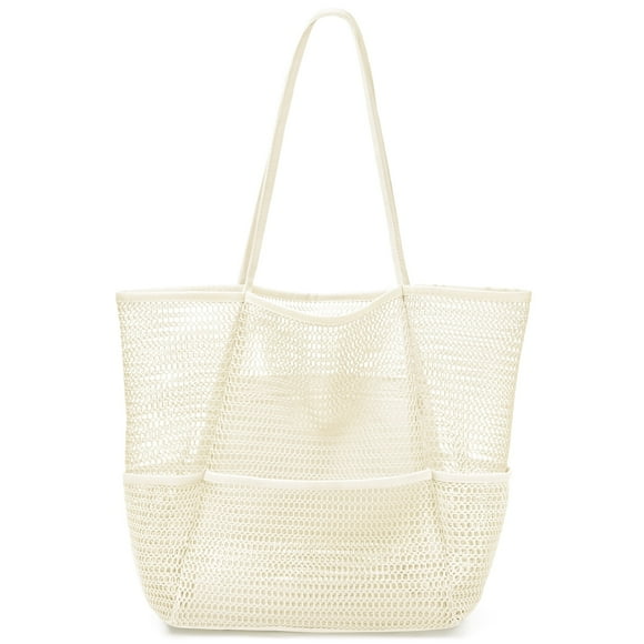 Mesh Beach Bag for Women, Beach Tote Large Foldable Mesh Swim Bag with Pockets | Sandproof | Waterproof | Beige