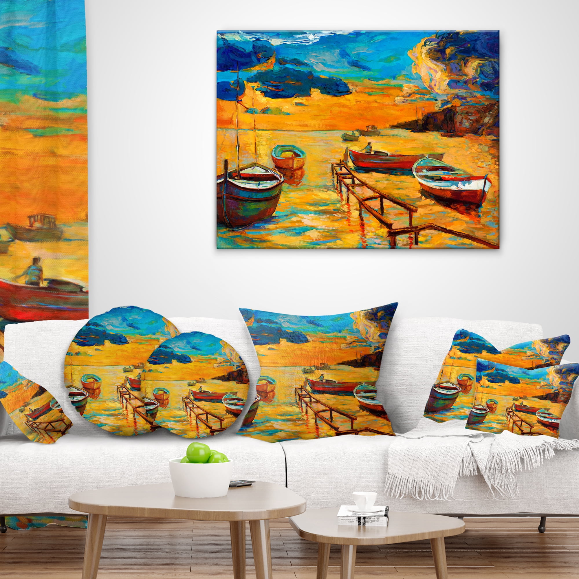 Designart Boats in Beautiful Sea - Seascape Throw Pillow - 16x16