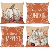 Fall Pillow Covers 18x18 Inch Set of 4 White Pumpkin Burgundy Floral Hey There Pumpkin Autumn Harvest Orange Outdoor Farmhouse Decorations Decorative Pillows Cases for Home Couch Porch Decor