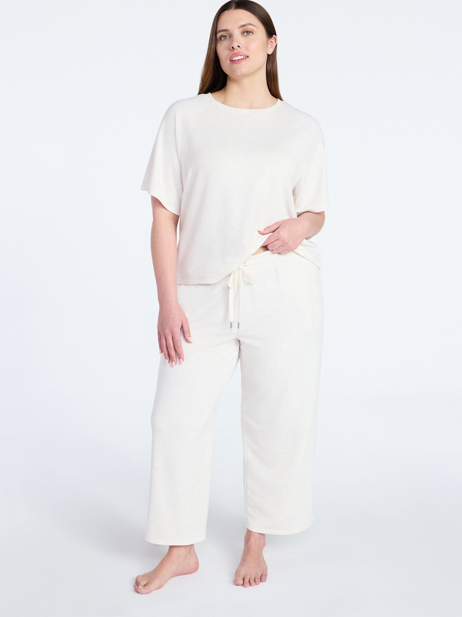 Joyspun Women's French Terry Lounge Sleep Short Sleeve Top and Capri Pants Set, 2 Piece, Sizes XS-3X