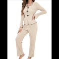thumbnail image 2 of Conjunto de Pijama y Pantalón de Punto Acanalado Informal de Dos Piezas para Mujer, de Otoño, Súper Suave. Crema S, 2 of 10