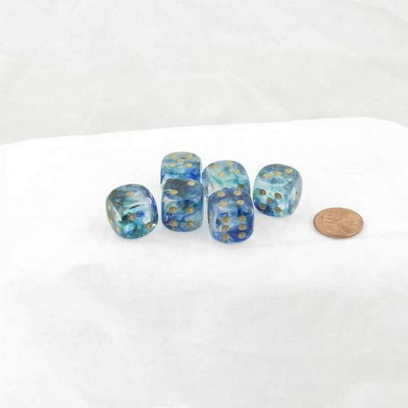 Oceanic Nebula Luminary Dice with Gold Pips D6 16mm (5/8in) Pack of 6 Wondertrail