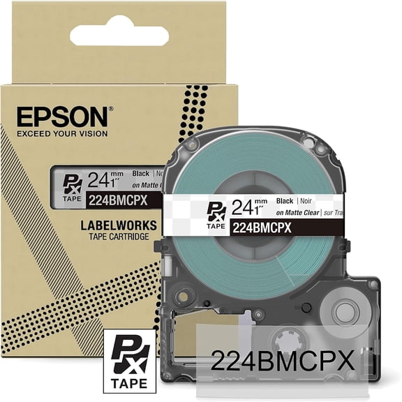 Epson LABELWORKS 224BMCPX - Black on Matte Clear PET Label Maker Tape - 1" (24MM) Wide, 26'