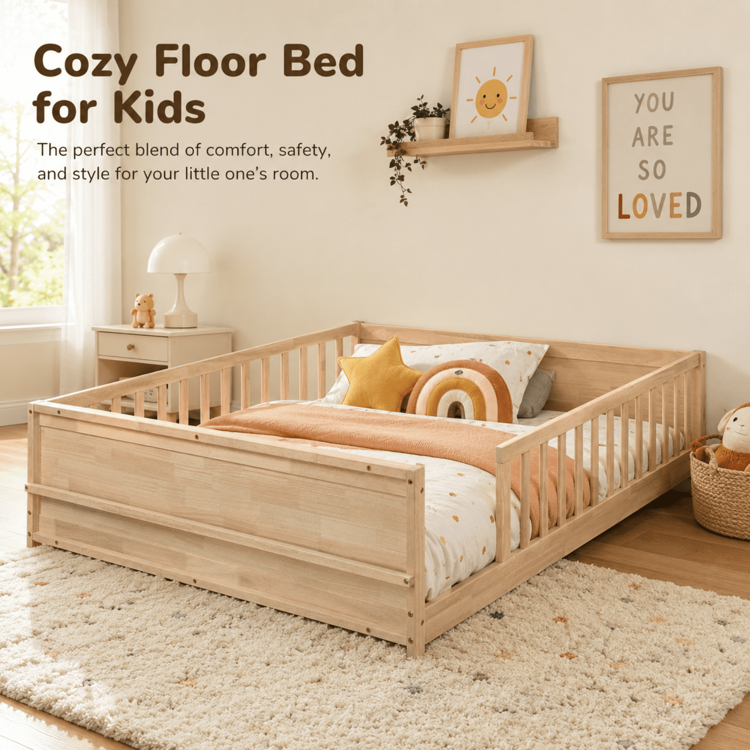 Miniyam Full Size Kids Floor Bed with Guardrails and Bookshelf, Wooden Low Profile Bed, Natural