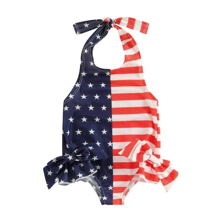 Mevireiy 4th of July Baby Girls One Piece Bikini Swimsuit Halter Tie Up Ruffled Bathing Suit Blue 3-4 Years