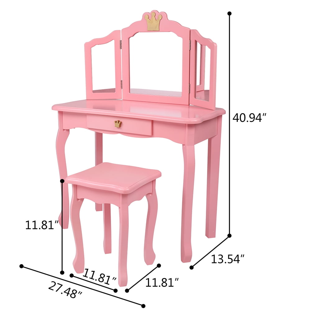 Private Jungle Children's Wooden Dressing Table Three-Sided Folding Mirror Dressing Table Chair Single Drawer,Pink Crown Style Private Jungle Children's Wooden Dressing Table Three-Sided Folding Mirror Dressing Table Chair Single Drawer,Pink Crown Style