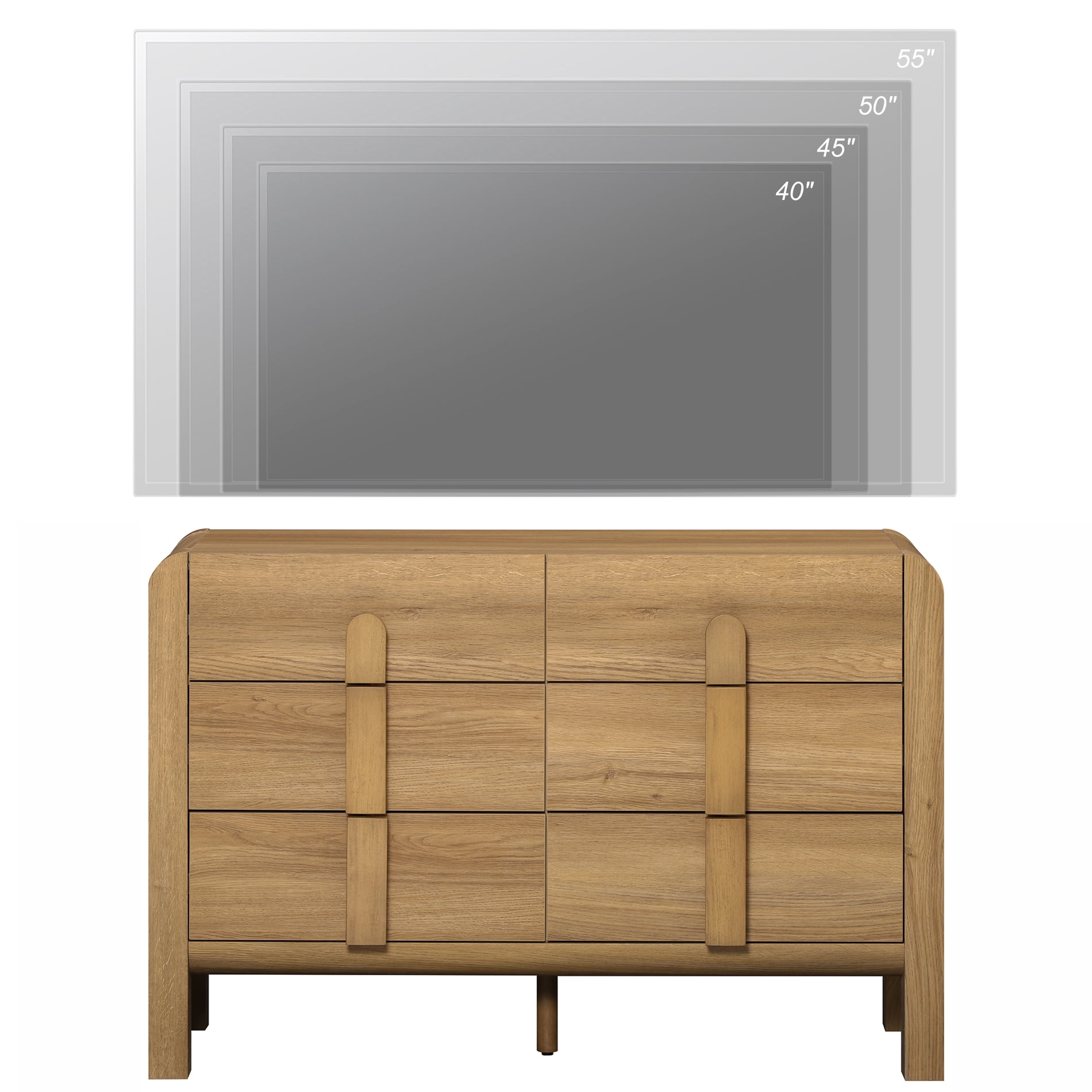 Modern 6 Drawer Dresser TV Stand for 55 Inch TV, Entertainment Center with Curved Profile Design, Wood TV Console with Storage for Living Room