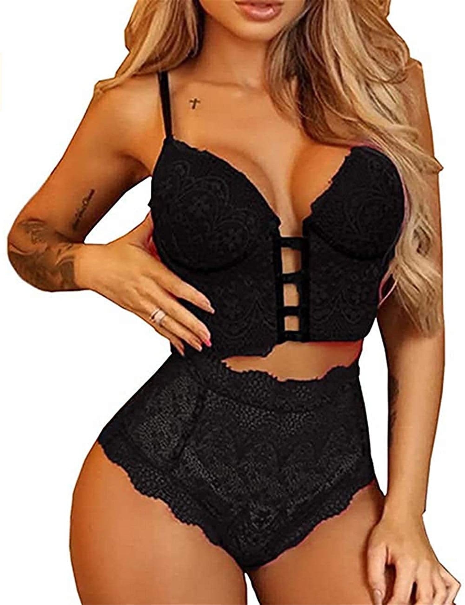 Plus Size Sheer Lace Lingerie Halter Bra and Thong Set Hollow Out Strappy Bodysuit for Women 2 Piece Outfit 