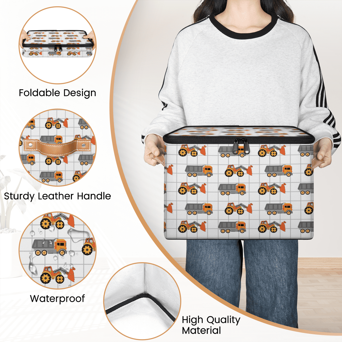 Storage Bins with Zipper Lid,Collapsible Organizer Box for Bedroom Living Room,Toys Clothes Pet Stuff, Construction Vehicle Print 14x10.2x10.4 Inch
