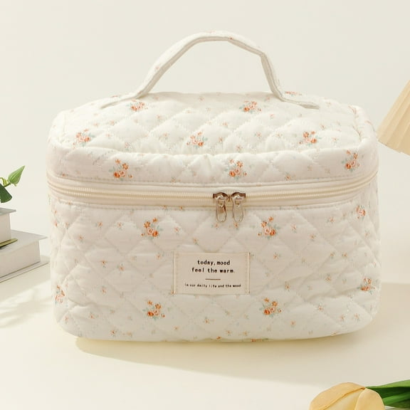 Elegant Floral Quilted Makeup Organizer Spacious Travel Cosmetic For Women Durable Toiletry Bag With Zipper Closure Stylish Design