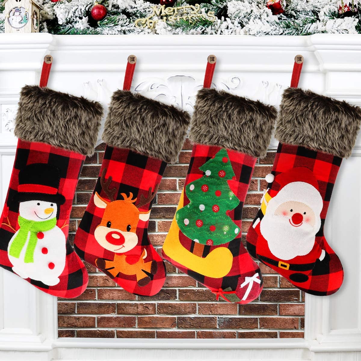 Yostyle Christmas Stockings Burlap Plaid Style with Snowflake Santa Snowman Reindeer and Plush Faux Fur Cuff Family Pack Stockings for Xmas Holiday Party Decor 4 Pack 18 Big Xmas Stockings