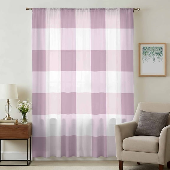 Pink Plaid Sheer Curtains 63 Inches Long, Spring Summer Farmhouse Buffalo Checkered Light Filering Curtains, Breathable Simi Curtain Privacy Drapes for Living Room Bedroom Window Treatment