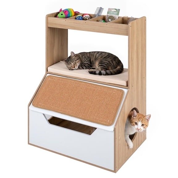 Gymax Modern Cat Litter Box Enclosure 3-in-1 Hidden Cat House Cabinet w/ 4 Cubbies Natural & White