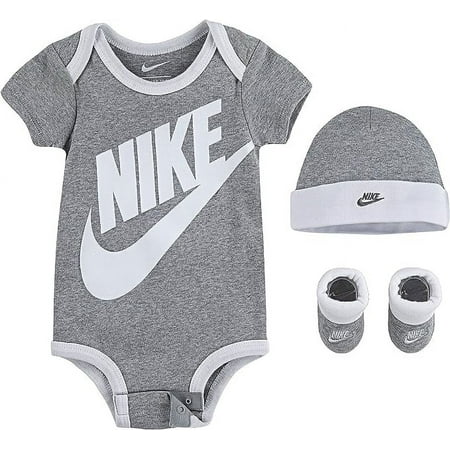 Nike 3 pc Infant Layette Set Bodysuit, Hat, Booties in Grey/White, 6-12 Months