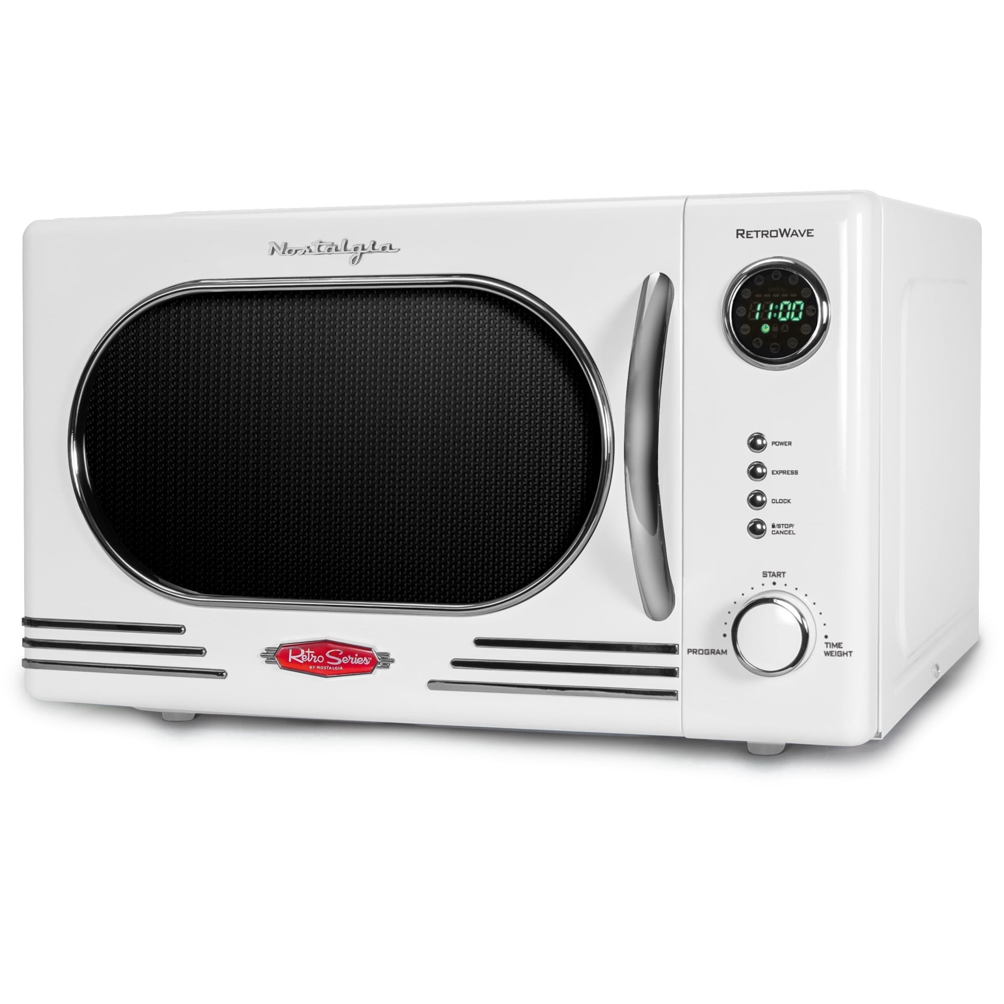 Nostalgia 1.1 cu ft Retro Microwave Oven, 1000W Countertop Microwave Oven with Digital Clock, White