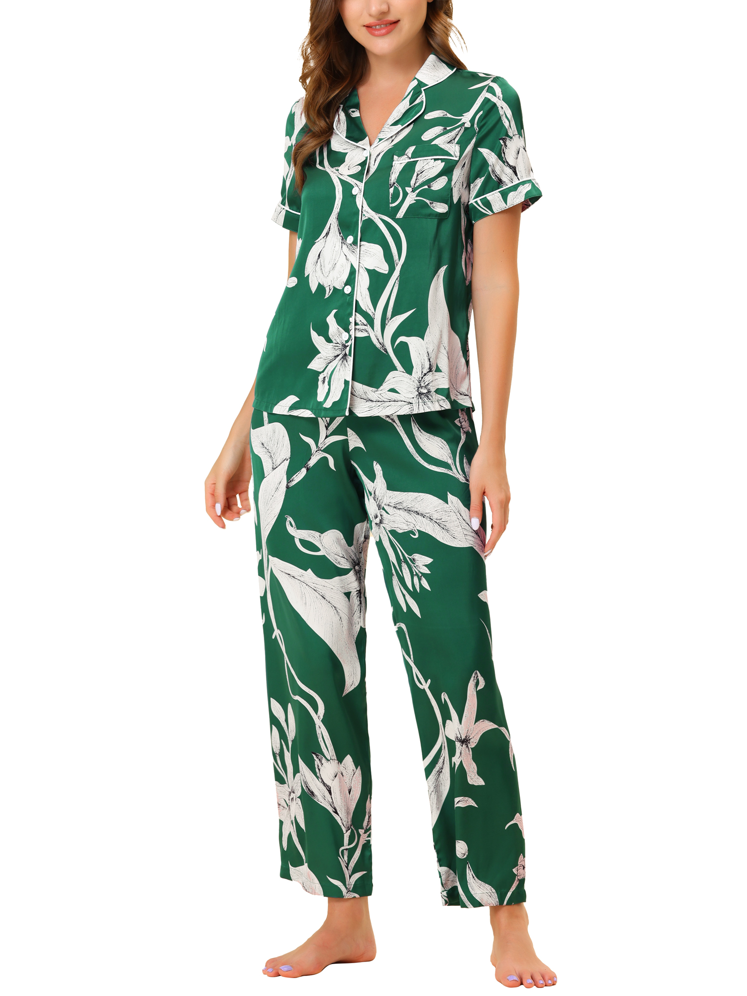 Unique Bargains Women's Pajama Set Silk Short Sleeves and Pants Floral Satin Sets
