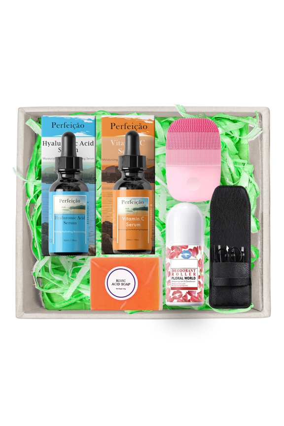 Ultimate Paulista Brazilian Beauty Skin Care Gift Set: Organic Kojic Soap, Vitamin C Serum, Hyaluronic Acid Serum, Deodorant, 6-Piece Eyelash Tweezer Clipper Set, Rechargeable Silicone Face Scrubber