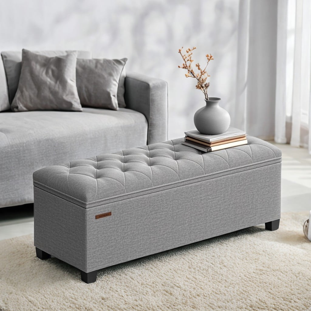 SONGMICS 43.3" Storage Ottoman Bench Ottoman with Storage Hold up to 660lbs Bedroom Bench for Entryway Living Room Light Gray