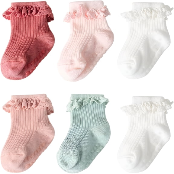 OQRKI Baby Girls Toddler Anti Slip Socks - Cute Frilly Ruffle Grip Ankle Socks for Infant Toddler