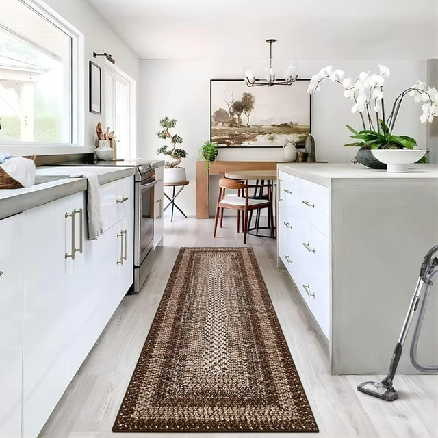 Modern 2x8 Runner Rug - Braided Print, Ultra-Thin, Washable, Non-Shedding, Non-Slip, Brown