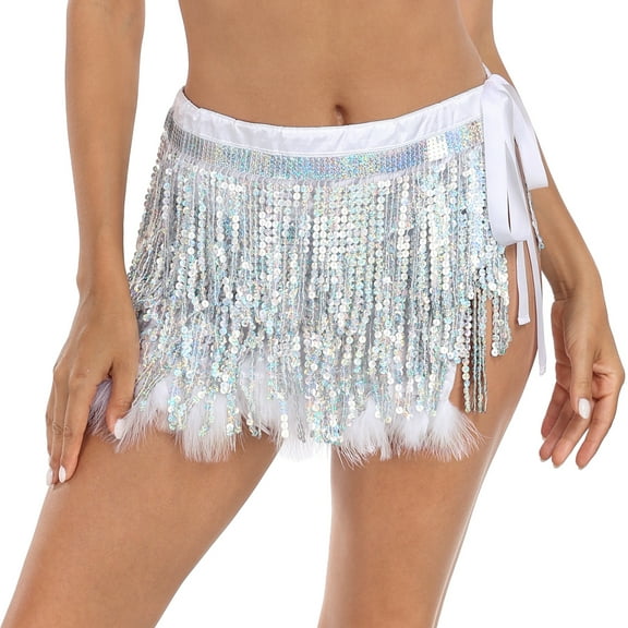HDE Women's Sequin Tassel Fringe Skirt Fur Trim Hip Scarf Silver XS-S