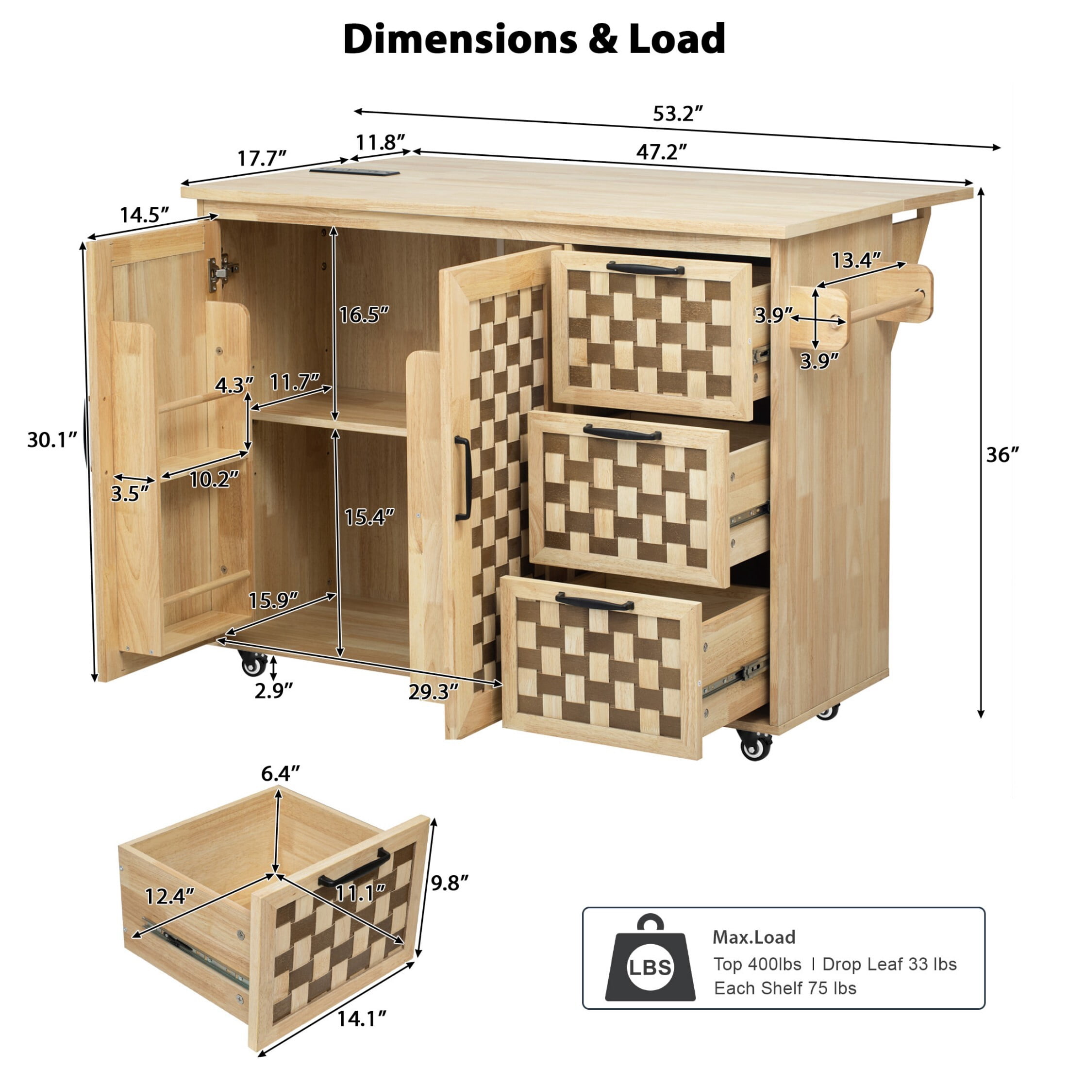 DEALTOPS 53.2'' Kitchen Island with Power Outlet and Drop Leaf, Moving Woven Checkerboard Design Kitchen Storage Carts, Natural