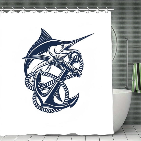 Deep Sea Marlin Emblem Print Shower Curtain,Modern Fabric Waterproof Shower Curtain Set with Hooks,70.8×70.8Inch