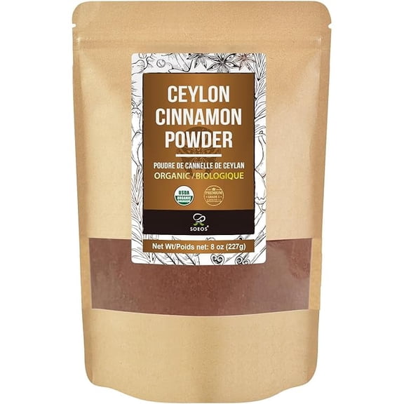 Soeos Organic Ceylon Cinnamon Powder, 8 oz Kraft Bag – True Cinnamon, Freshly Ground for Baking & Cooking