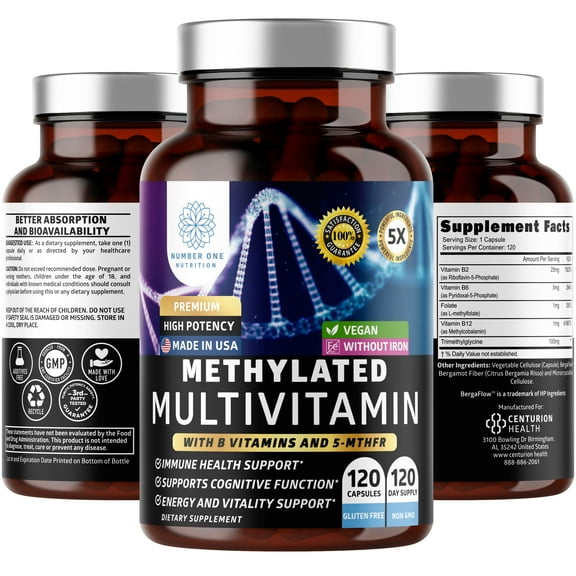 Methylated Multivitamin for Women & Men, Natural Daily Multivitamins with Folate, Vitamin B12, Vitamin B2 and B6, Non-GMO, Gluten-Free, 120 Caps