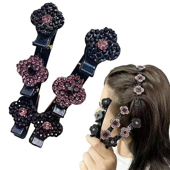 Sparkling Crystal Stone Braided Hair Clips, Satin Fabric Hair Bands, Clover Rhinestone Hair Clip, Duckbill Hair Clips, Braided Hair Clip with Rhinestones for Women (2pcs Dark Purple)