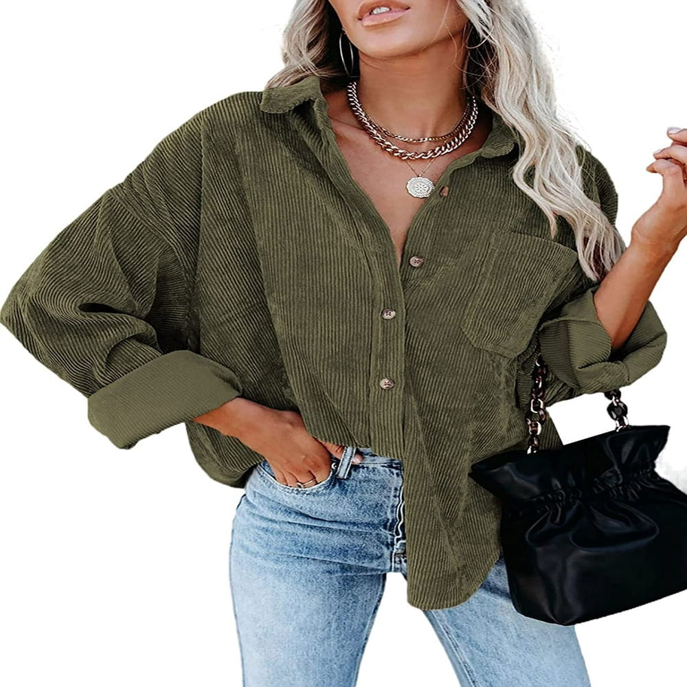 EIMELI Chemise en Velours Côtelé à Manches Longues pour Femmes Veste Surdimensionnée