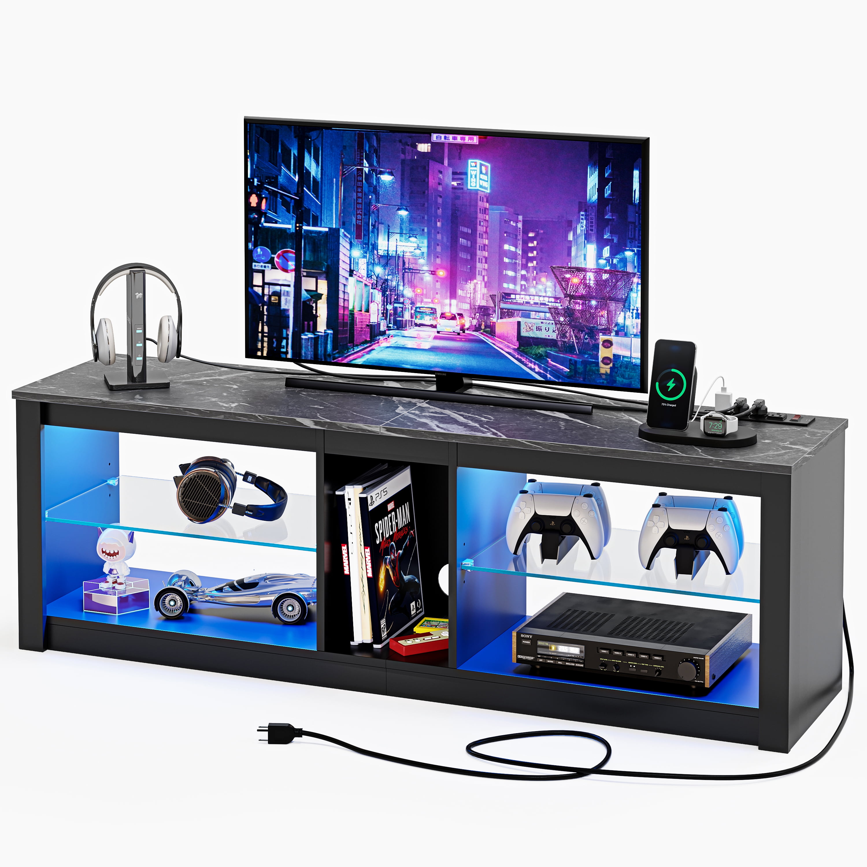 Bestier TV Stand with Power Outlets and Storage Shelves, LED Entertainment Center for TVs up to 60", Black Marble