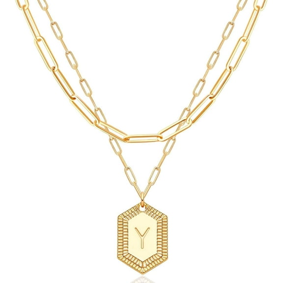 Dainty Gold Initial Necklace For Women 18K Gold Plated Layered Paperclip Link Chain Necklace Personalized Cute Hexagon Letters For Women Everyday Wear Jewelry[o515]
