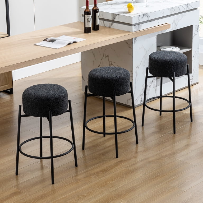 Set Of 4 Modern Backless Bar Stools - Counter Height With Boucle Padded Seat & Metal Legs, Black
