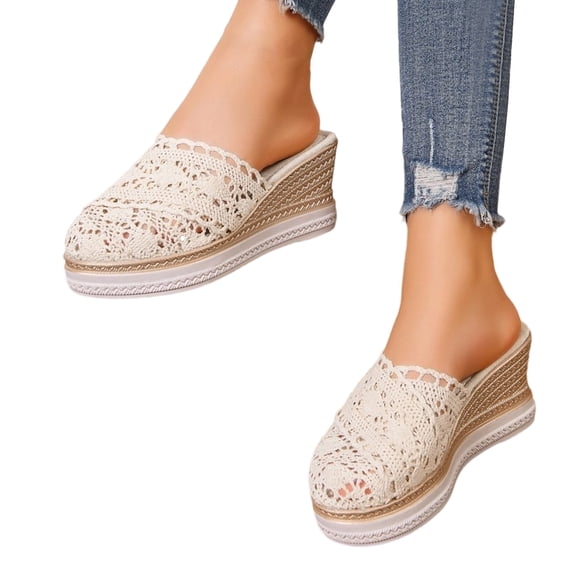 HTHLVMD Crochet Lace Wedge Mules, Breathable Summer Footwear, Open Back Espadrille Sandals, Wedge Heels Slippers for Women Breathable Platform Sandals Woman Lightweight Wedge, Beige 5.5