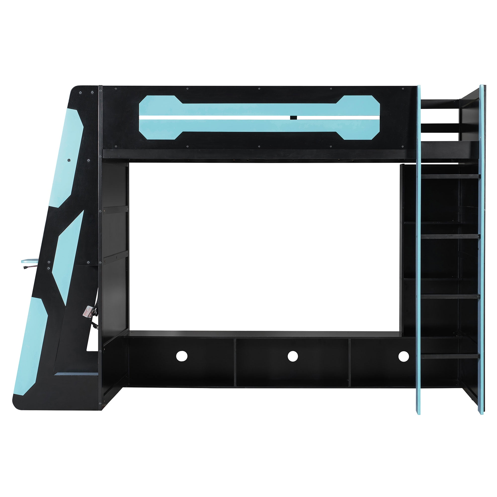 Mintazer Twin Size Gaming Loft Bed with Desk, LED Light & Charging Station, Kids Platform Bed Frame with Storage Shelves for Teens, Black & Blue