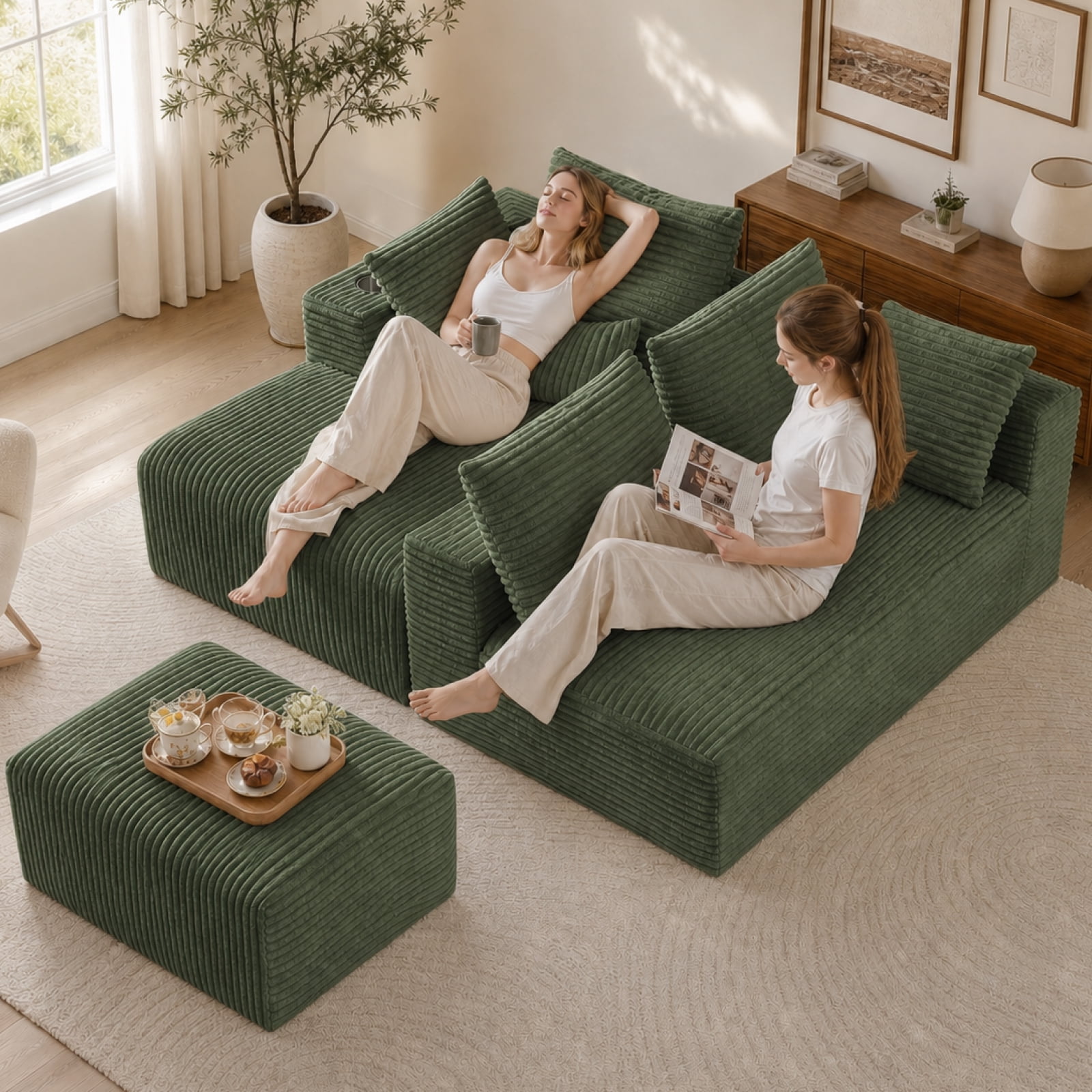 95'' 4 Seater Boneless L Shape Modular Sofa Couch with 4 Pillows, 2 Cup Holders and Ottoman