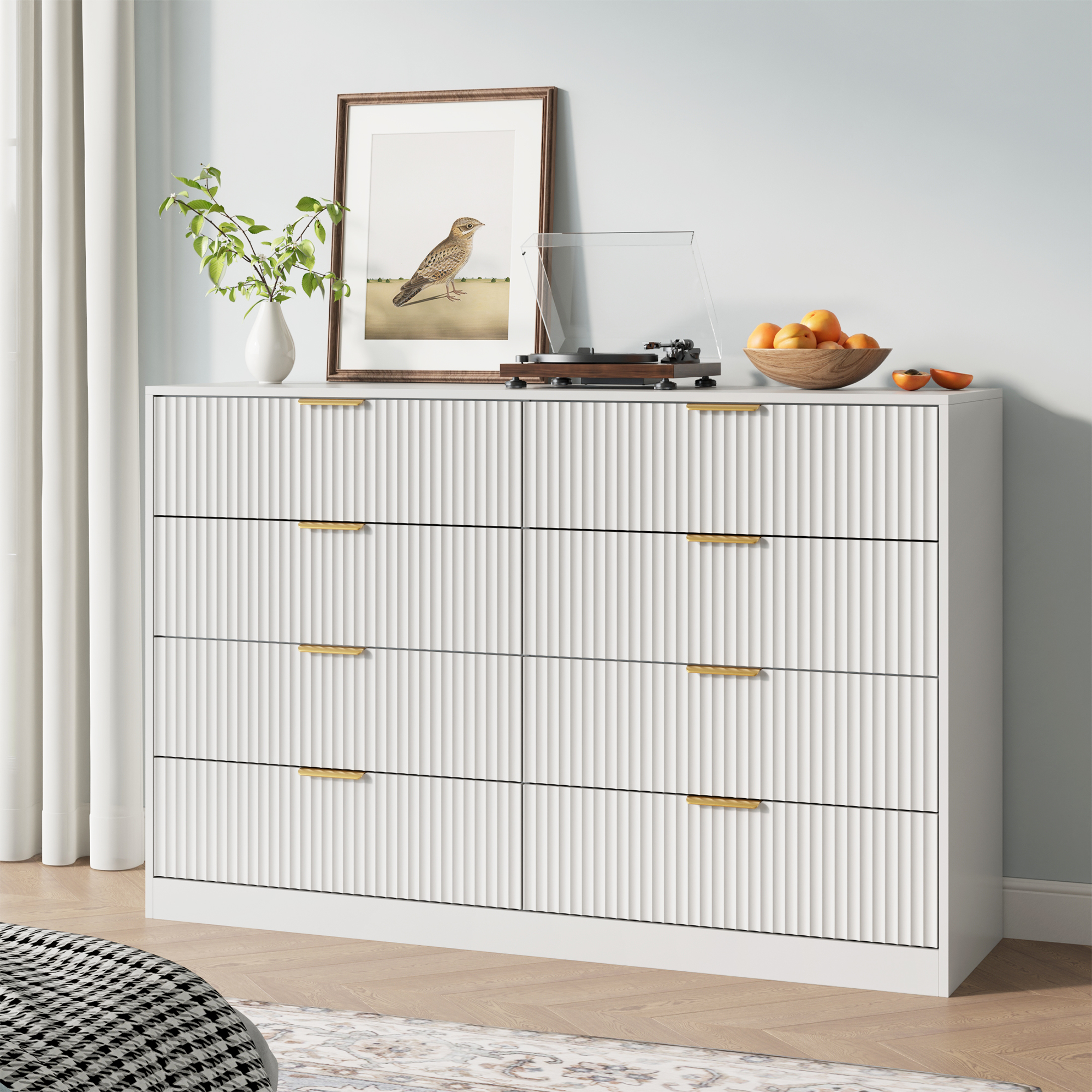 YouTrend White 8 Drawer Dresser with for Bedroom,Modern Adult Fluted Wood Chest of Drawer with Golden Embedded Handles for Living Room,Hallway