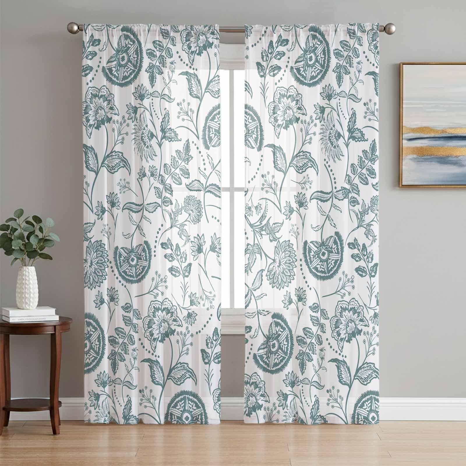 Boho Teal Green Floral Semi Sheer Curtains 84 Inch Length 2 Panels Set Vintage Farmhouse Paisley Leaf Sheer Kitchen Curtain Privacy Voile Window Curtain for Living Room Bedroom Rod Pocket Drapes