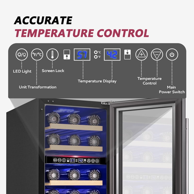 Simzlife 15" Wine Cooler, 30 Bottles Dual Zone Wine Chiller with Digital Temperature Control, Low Noise, Double-Layer Glass Door.