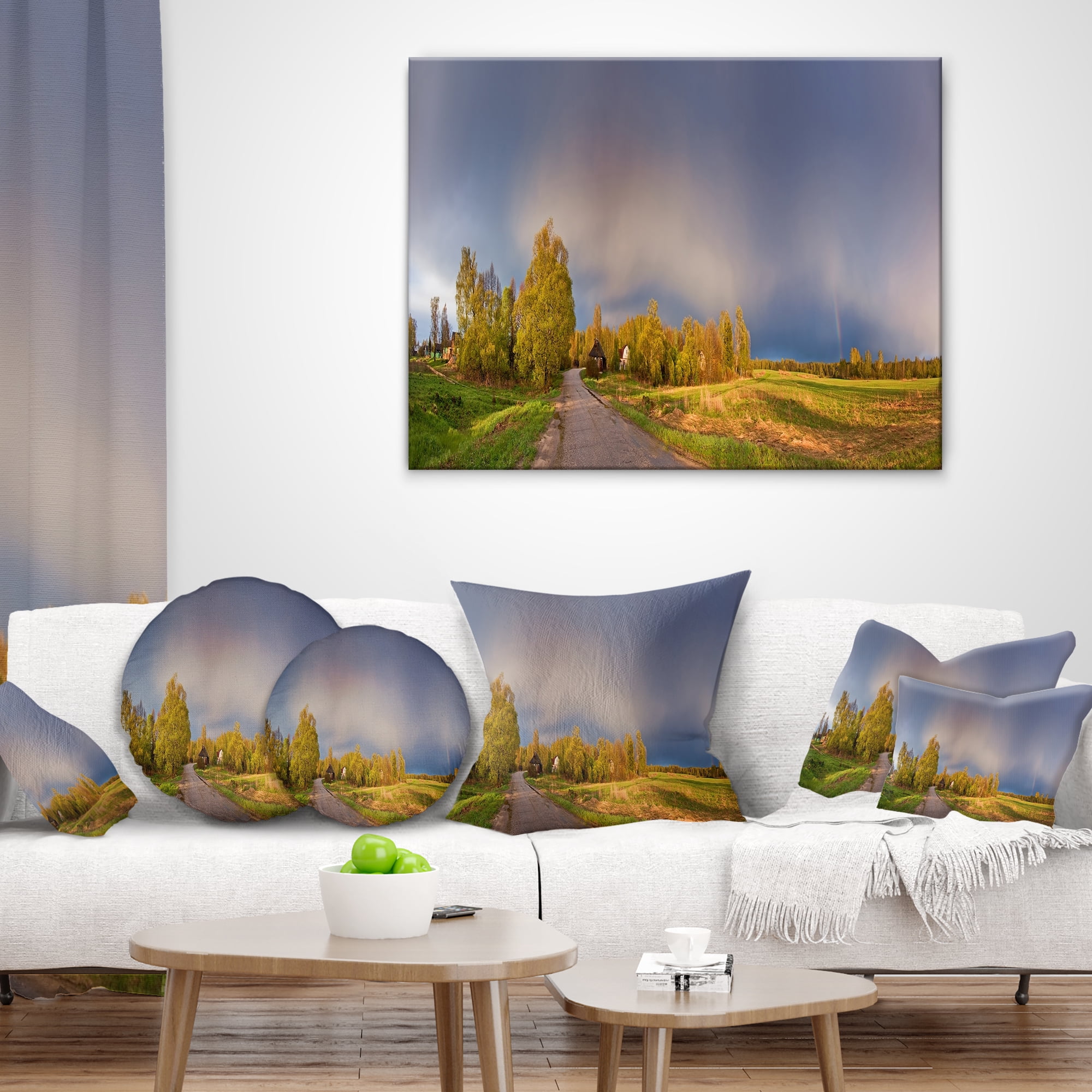 Designart Green Field Under Rainbow Sky - Landscape Photography Throw Pillow - 16x16