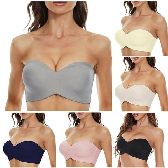 SMihono Women's Strapless Bra Comfortable Non-Slip Bandeau Bras Seamless Push Up Tube Top Bralettes with Removable Straps Beige 42/95G