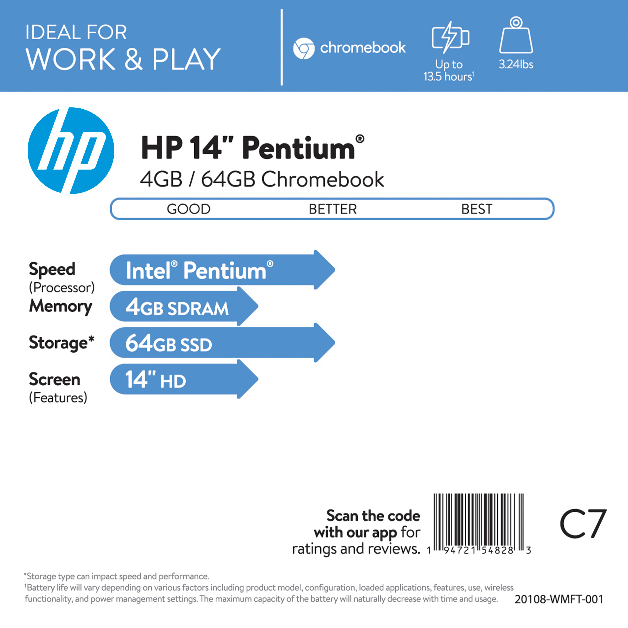 HP Chromebook 14" FHD Laptop, Intel Pentium Silver N5000, 4GB RAM, 64GB HD, Chrome OS, Silver, 14a-na0031wm - image 5 of 11