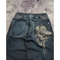 thumbnail image 5 of Pantalones vaqueros holgados de estilo retro Y2K con bolsillos y bordados de calaveras, diseño moderno, cintura alta, botones, pierna recta y ancha, 5 of 5