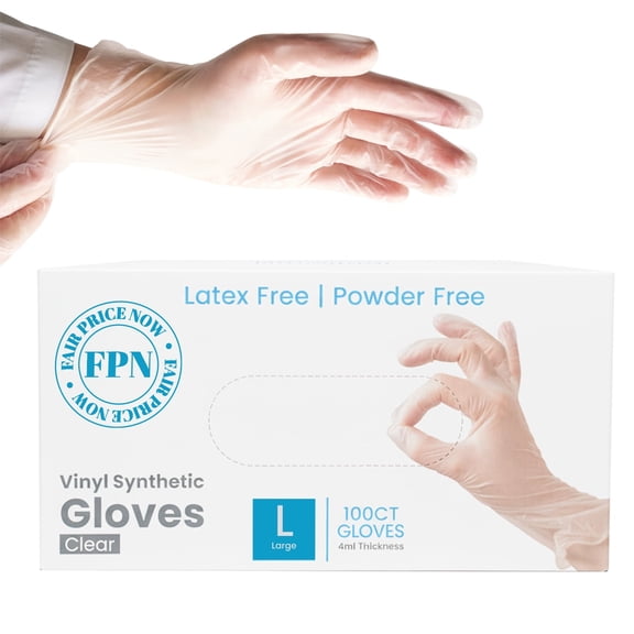 FPN Vinyl Synthetic Gloves, Clear, Powder-Free & Latex-Free – Large 100 Count Box, Disposable, 4 Mil, Gloves for Cleaning, Cooking, Salon, Pet Care