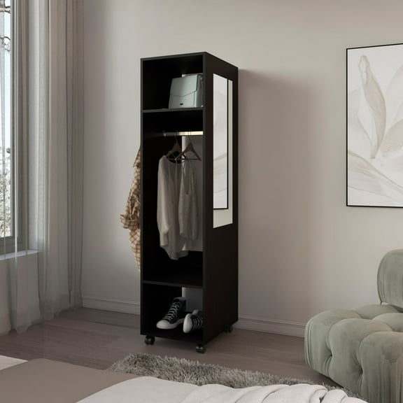 Depot E-Shop Cordova Armoire with 3 Shelves, 1 Mirror, and 4 Wheels, Black